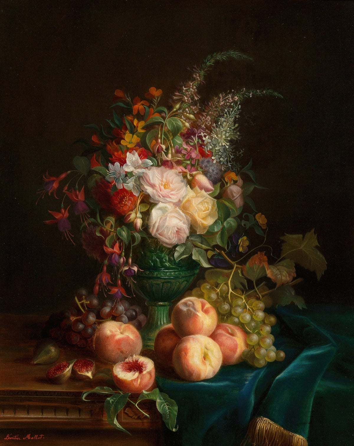 Still Life Oil Painting - Roses, Peaches and Grapes - Oil Painting Haven