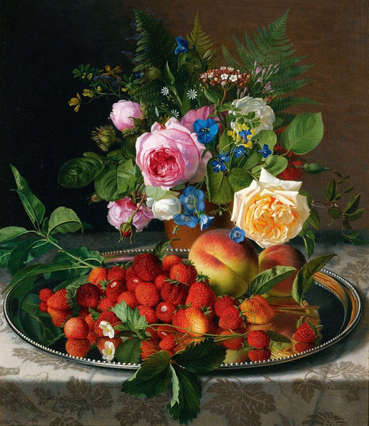 Still Life Oil Painting - Roses, Strawberries and Peaches - Oil Painting Haven