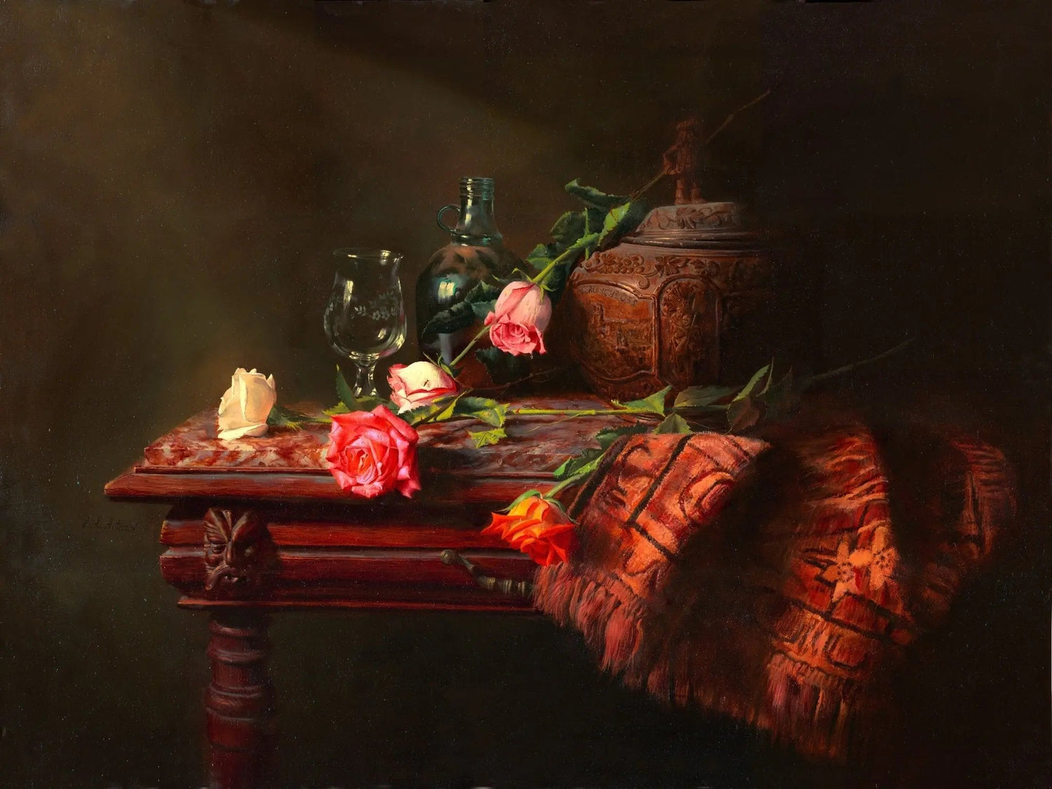 Still Life Oil Painting - Roses, Vase and Glassware - Oil Painting Haven