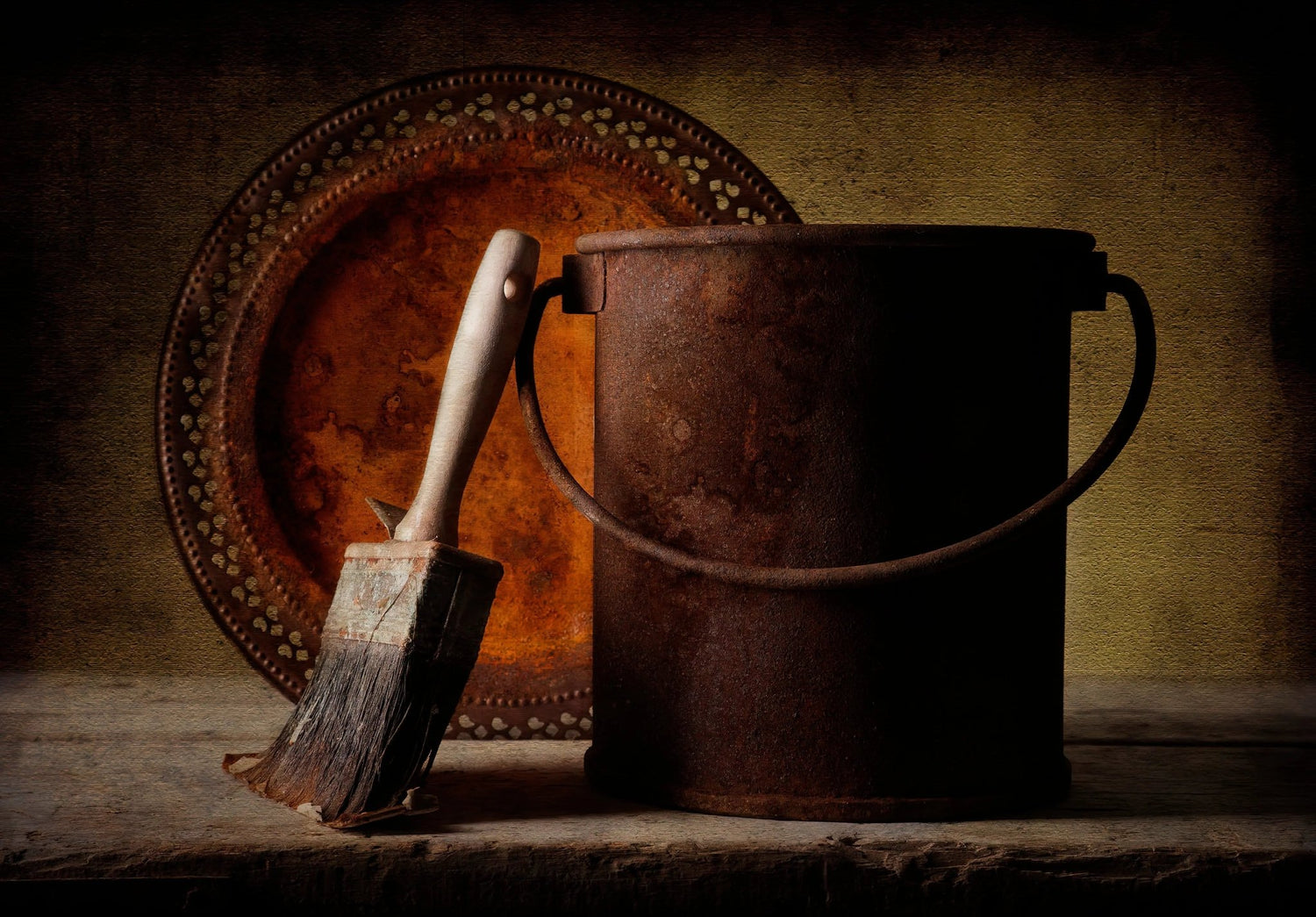 Still Life Oil Painting - Rustic Metalware and Vintage Brush - Oil Painting Haven