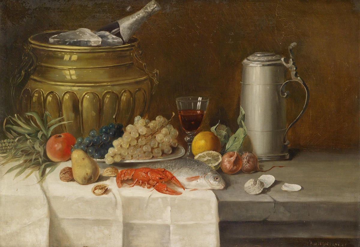 Still Life Oil Painting - Seafood, Grapes and Wine - Oil Painting Haven
