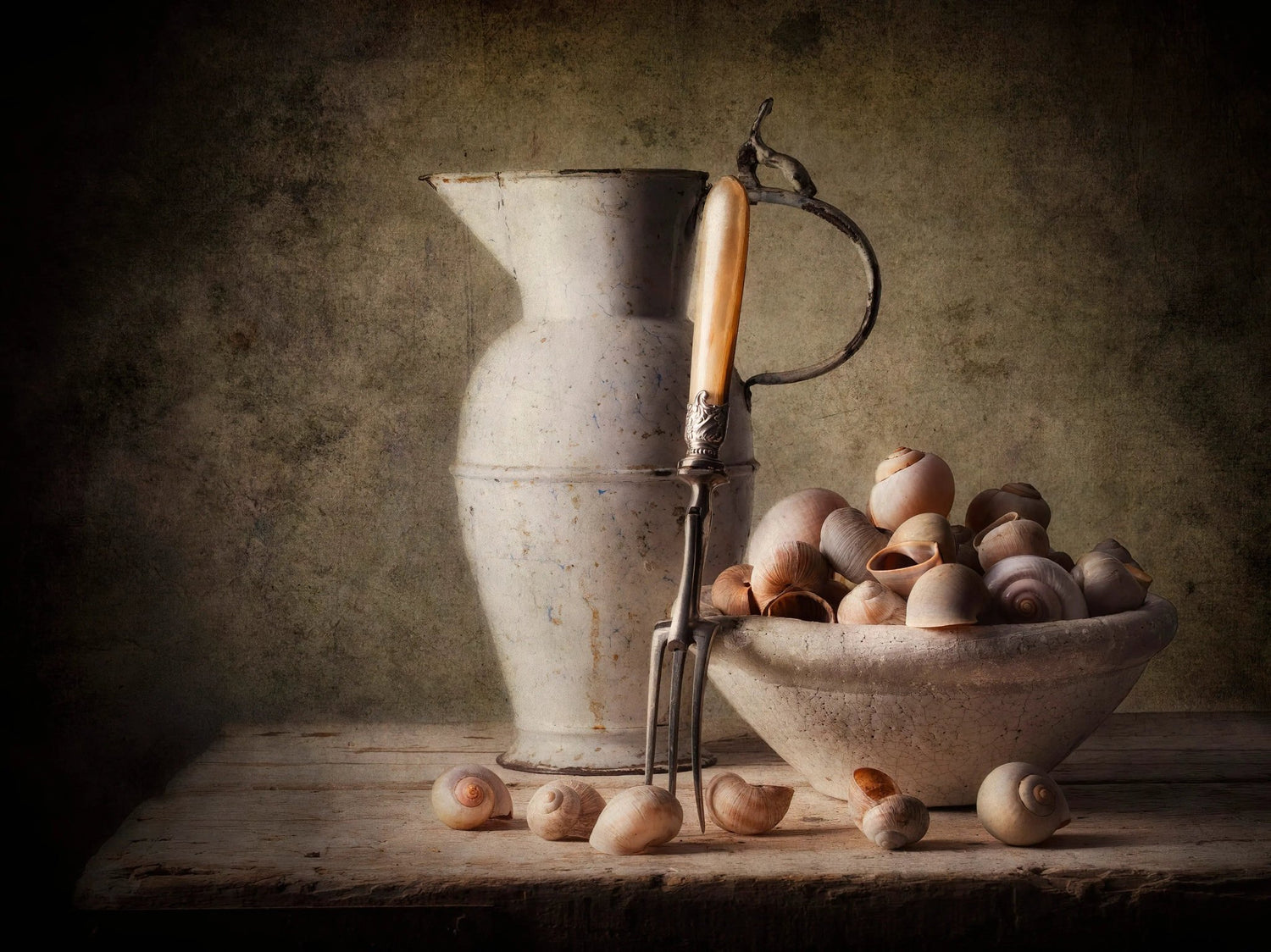Still Life Oil Painting - Shells, Pottery and Utensil - Oil Painting Haven