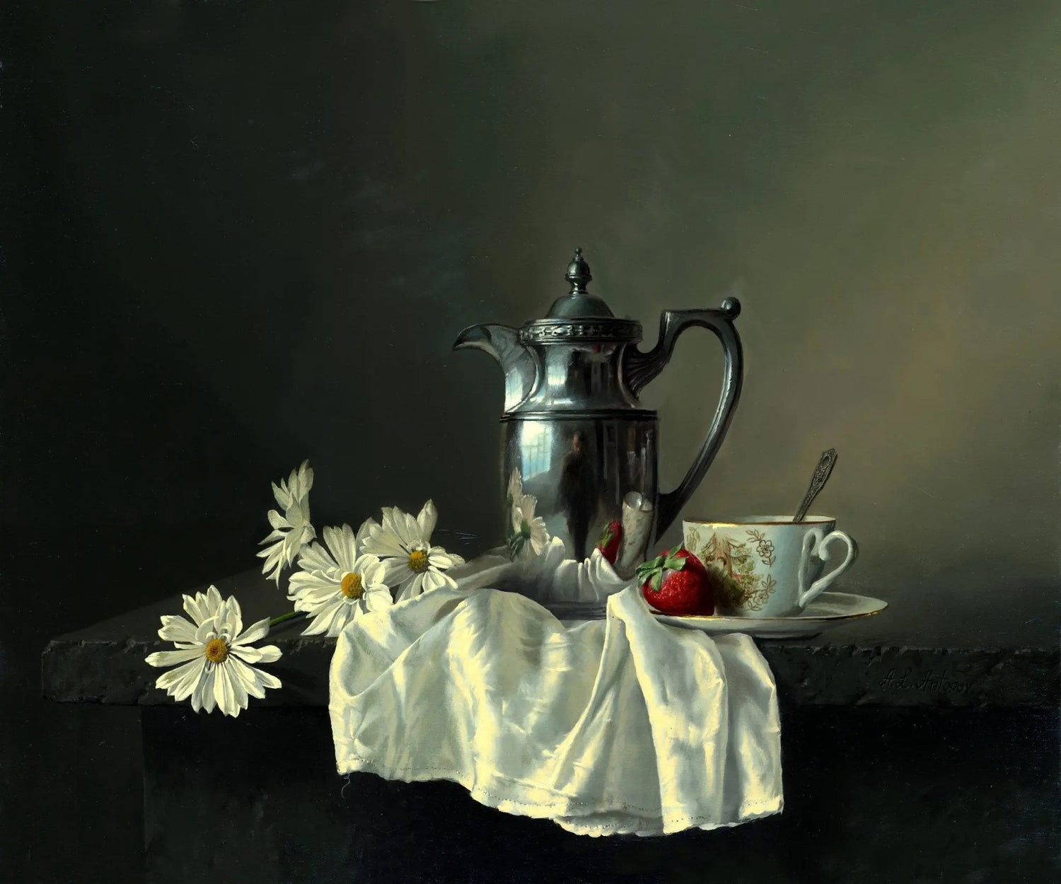 Still Life Oil Painting - Silver Teapot, Daisies and Cup - Oil Painting Haven
