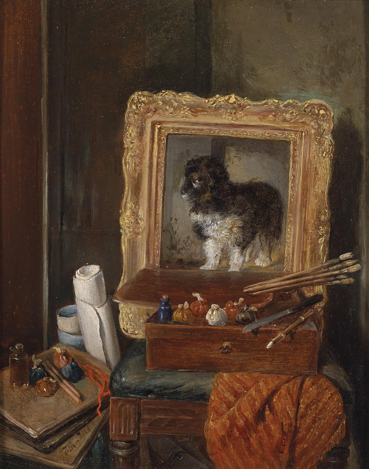 Still Life Oil Painting - Studio with Dog Portrait - Oil Painting Haven