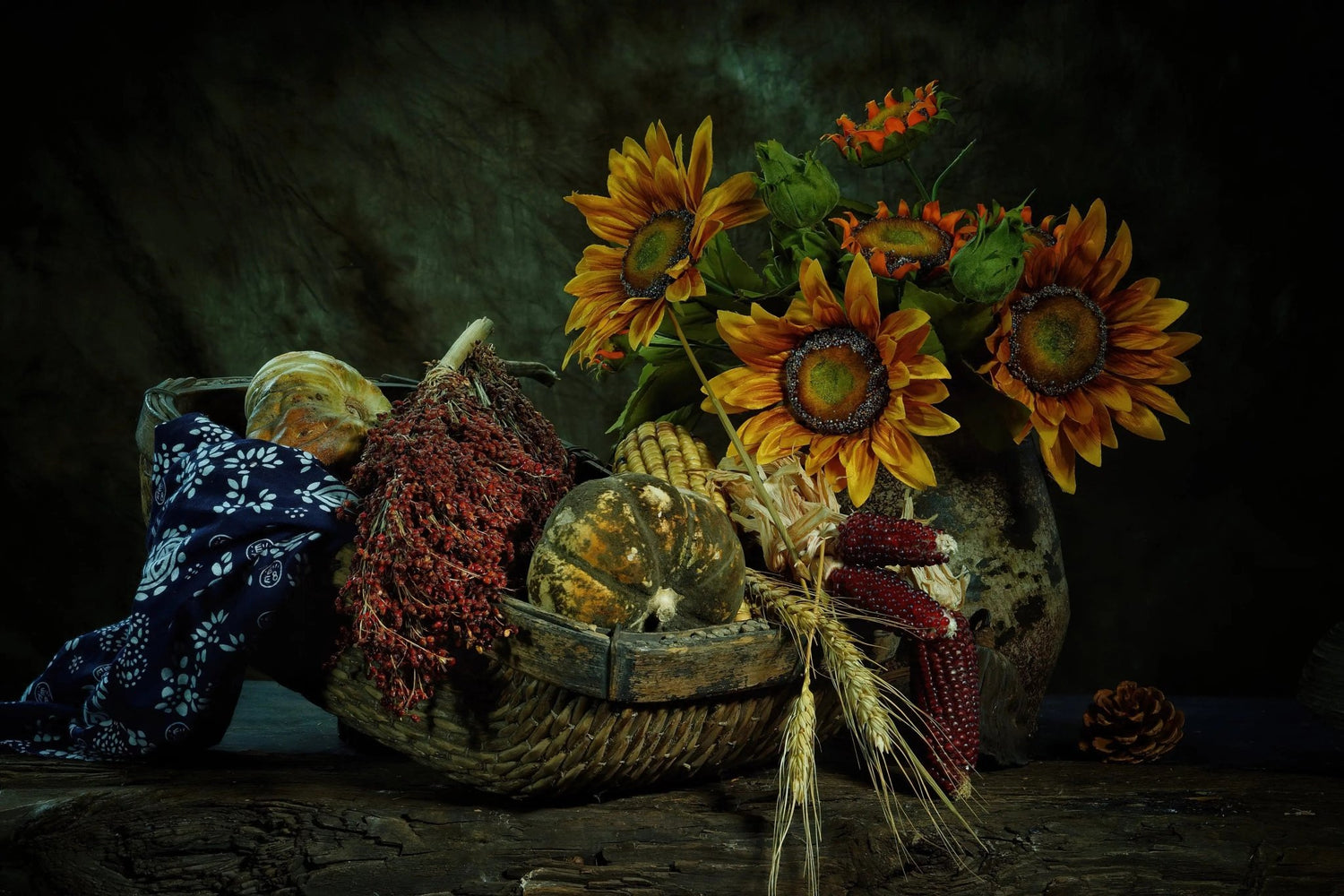 Still Life Oil Painting - Sunflowers, Harvest Produce and Vase - Oil Painting Haven