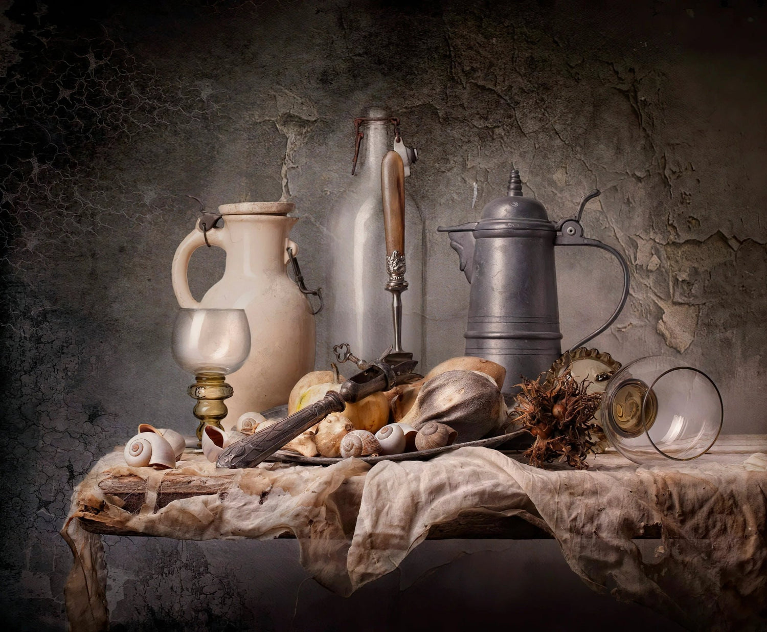 Still Life Oil Painting - Vintage Containers, Glassware and Shells - Oil Painting Haven