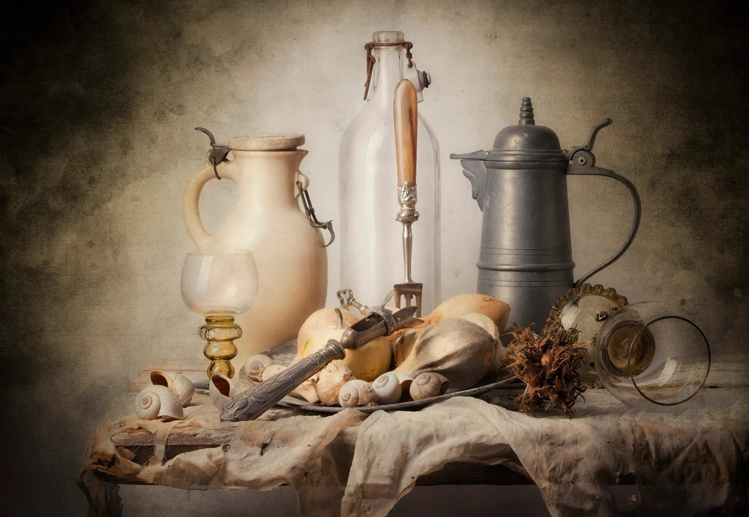 Still Life Oil Painting - Vintage Kitchenware and Shells - Oil Painting Haven