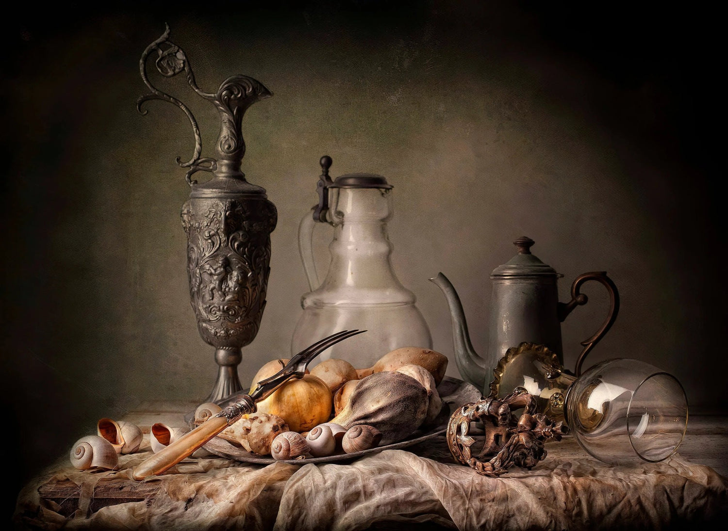 Still Life Oil Painting - Vintage Metalware, Glassware and Shells - Oil Painting Haven