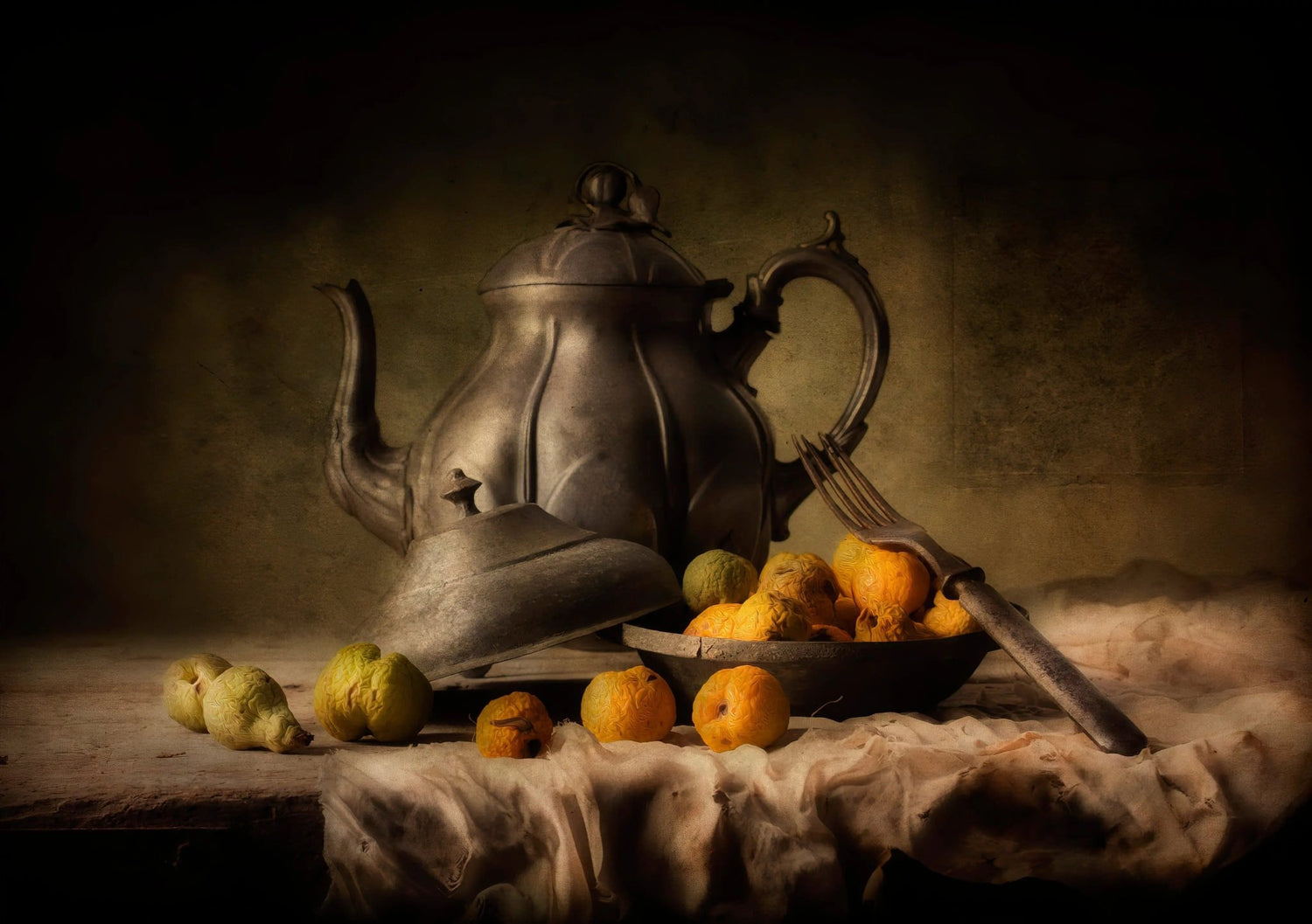 Still Life Oil Painting - Vintage Teapot, Fruits and Utensil - Oil Painting Haven