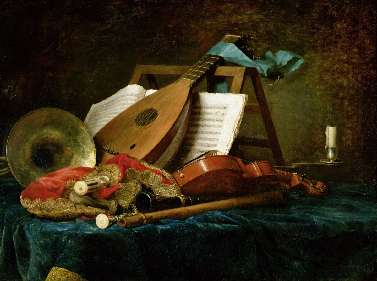 Still Life Oil Painting - Violin and Lute with Sheet Music - Oil Painting Haven
