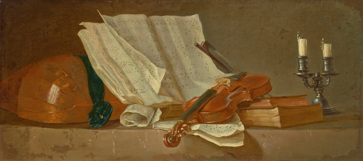 Still Life Oil Painting - Violin, Books and Candles - Oil Painting Haven
