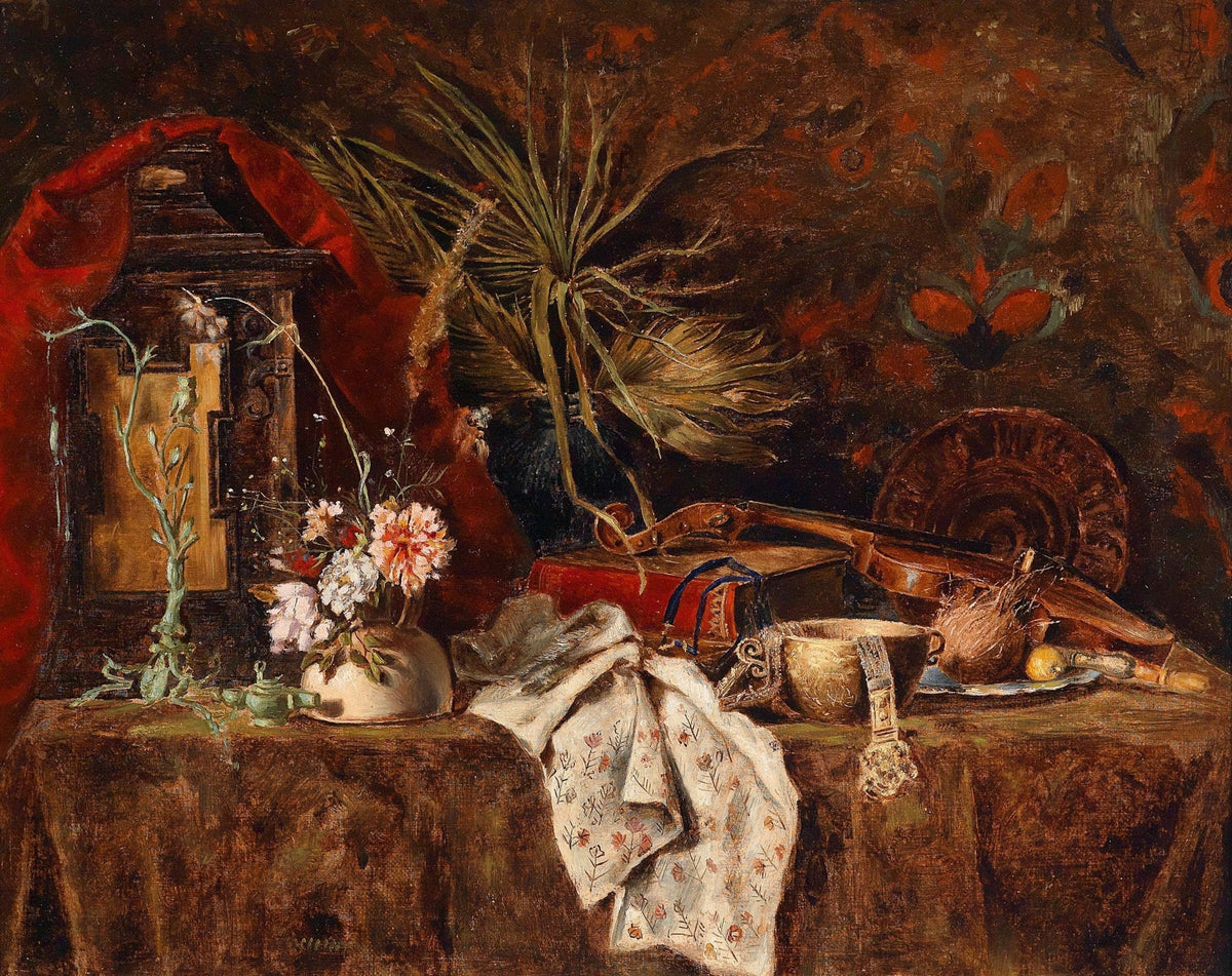 Still Life Oil Painting - Violin, Flowers and Parrot - Oil Painting Haven