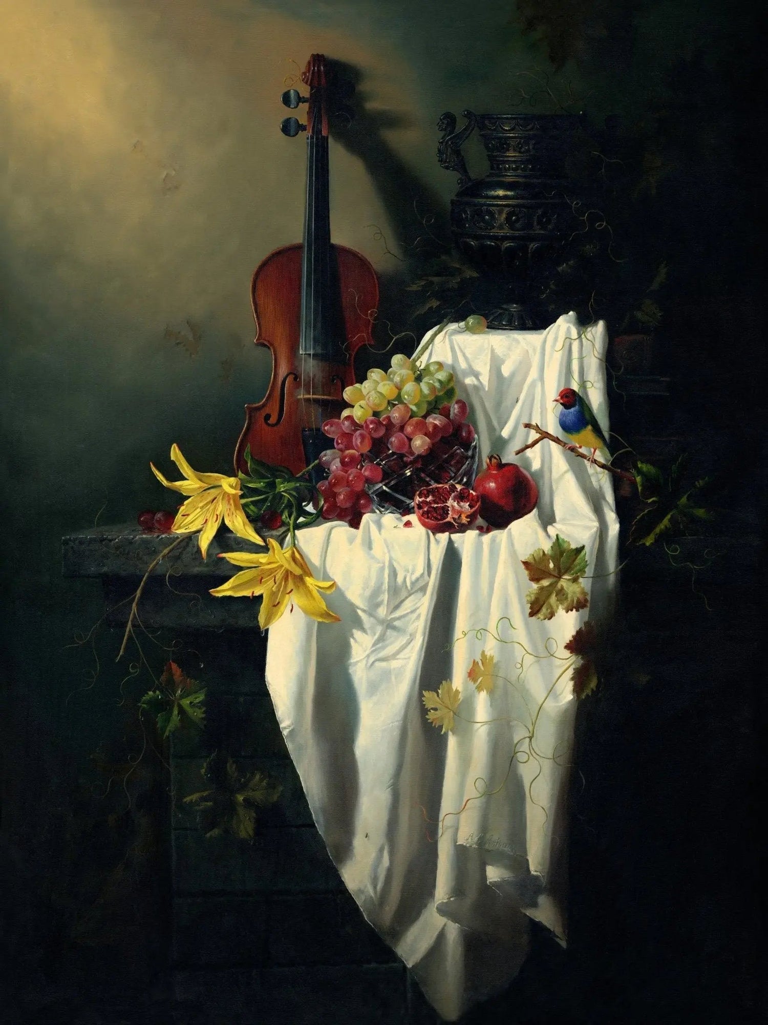 Still Life Oil Painting - Violin, Fruits and Bird - Oil Painting Haven