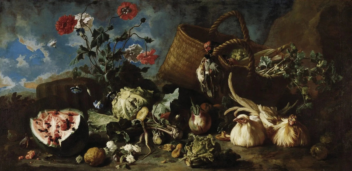 Still Life Oil Painting - Watermelon, Vegetables and Birds - Oil Painting Haven