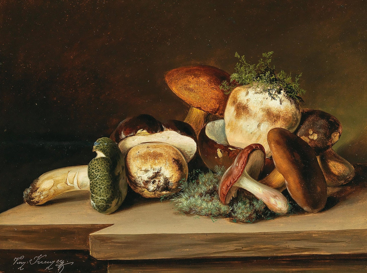 Still Life Oil Painting - Wild Mushrooms and Herbs - Oil Painting Haven