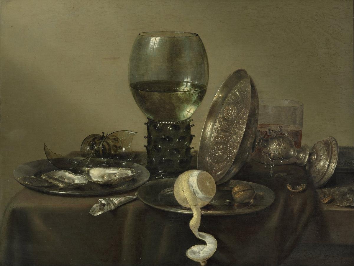 Still Life Oil Painting - Wine Glass and Oysters - Oil Painting Haven