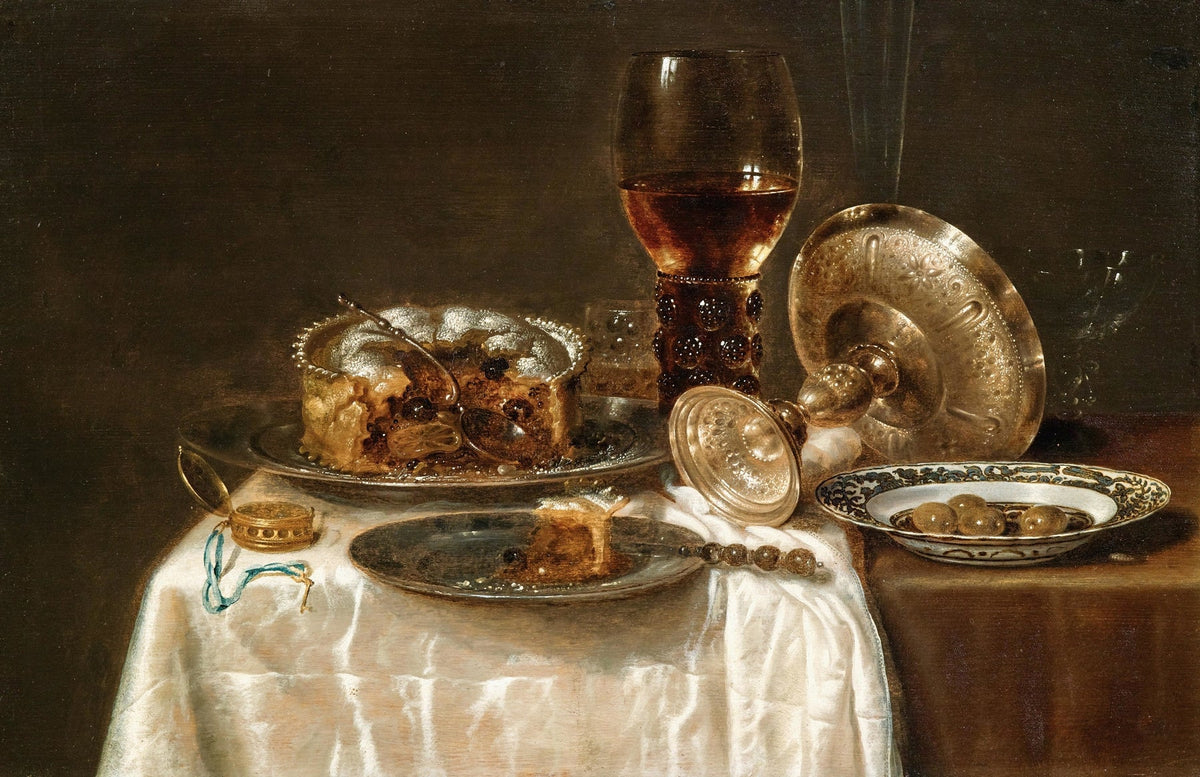 Still Life Oil Painting - Wine, Pastry and Silverware - Oil Painting Haven