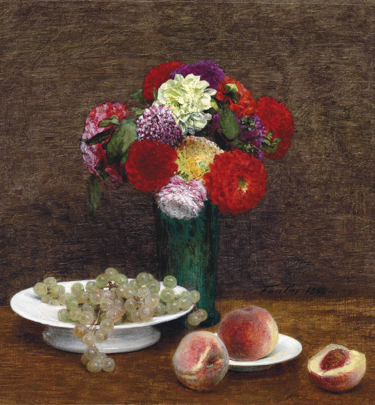 Still Life with Flowers, Grapes and Peaches – Floral Oil Painting - Oil Painting Haven