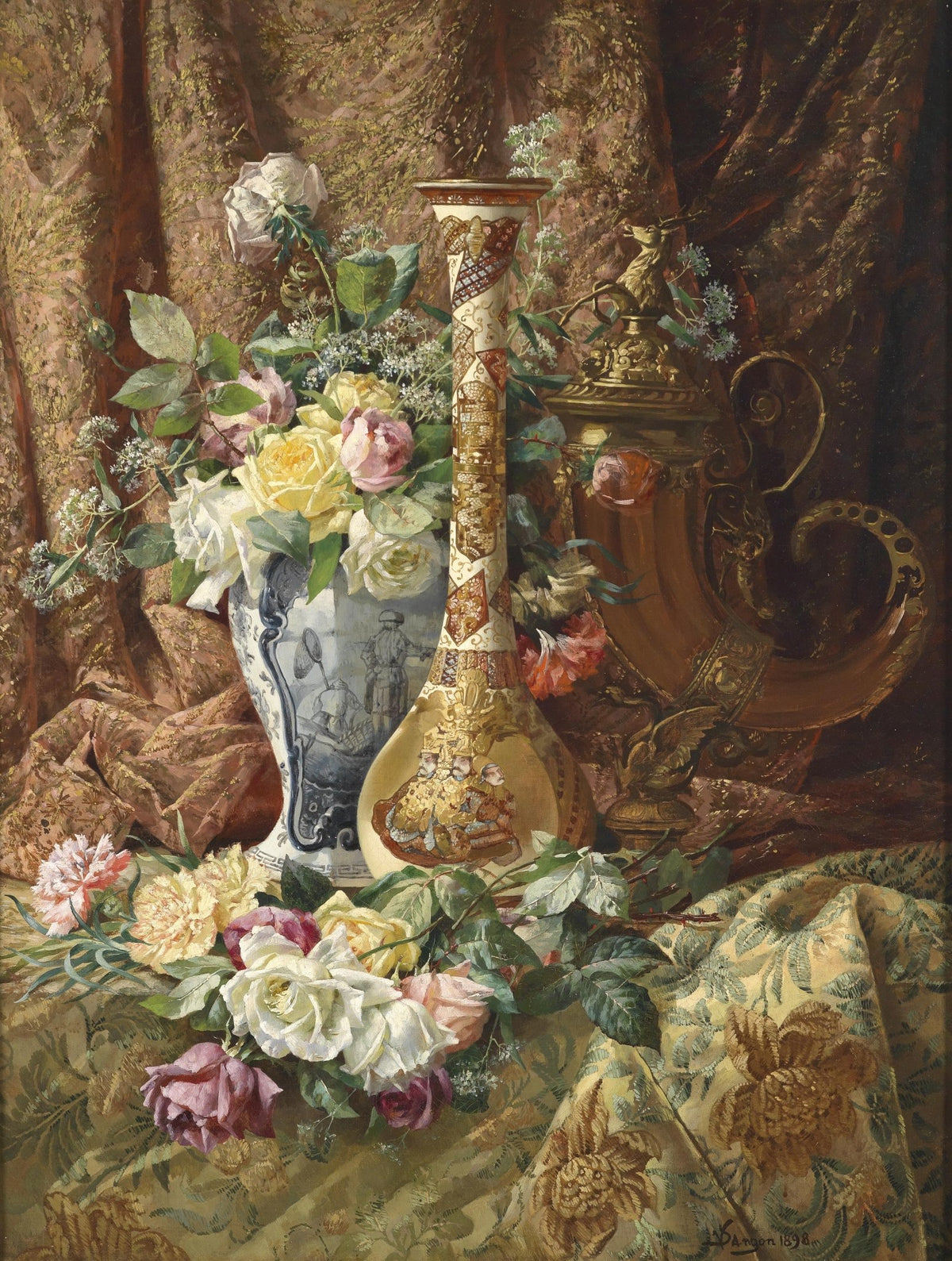 Still Life with Roses and Decorative Vase – Floral Oil Painting - Oil Painting Haven