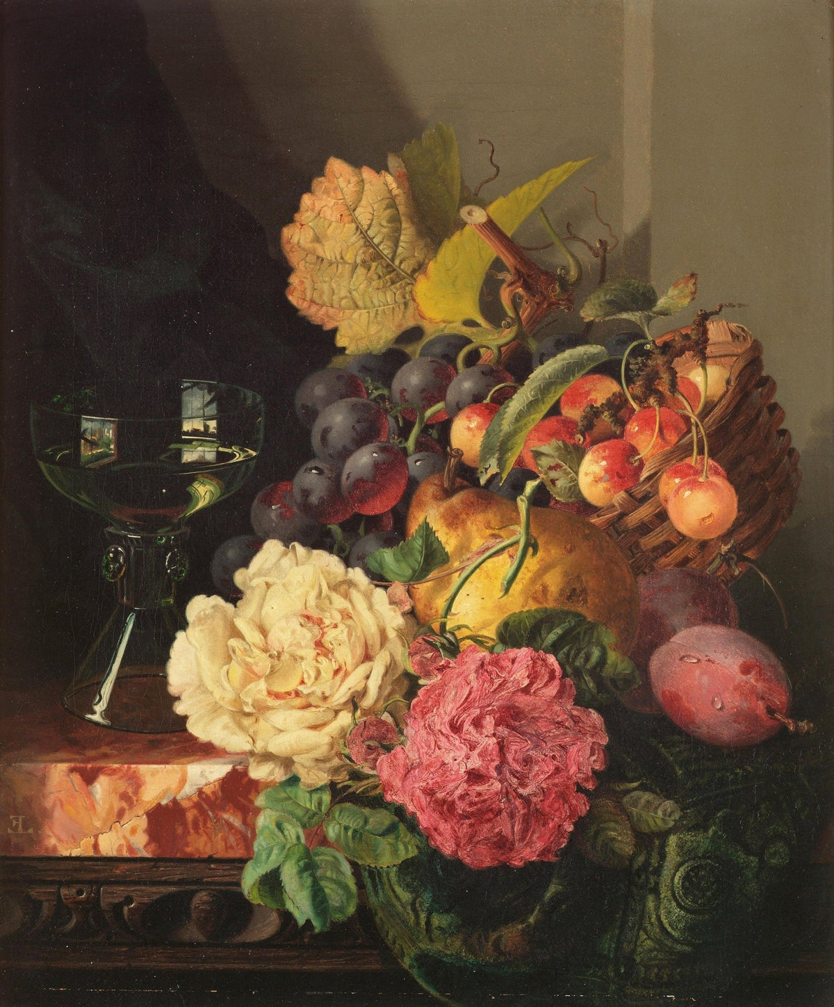 Still Life with Roses and Fruit Basket – Floral Oil Painting - Oil Painting Haven