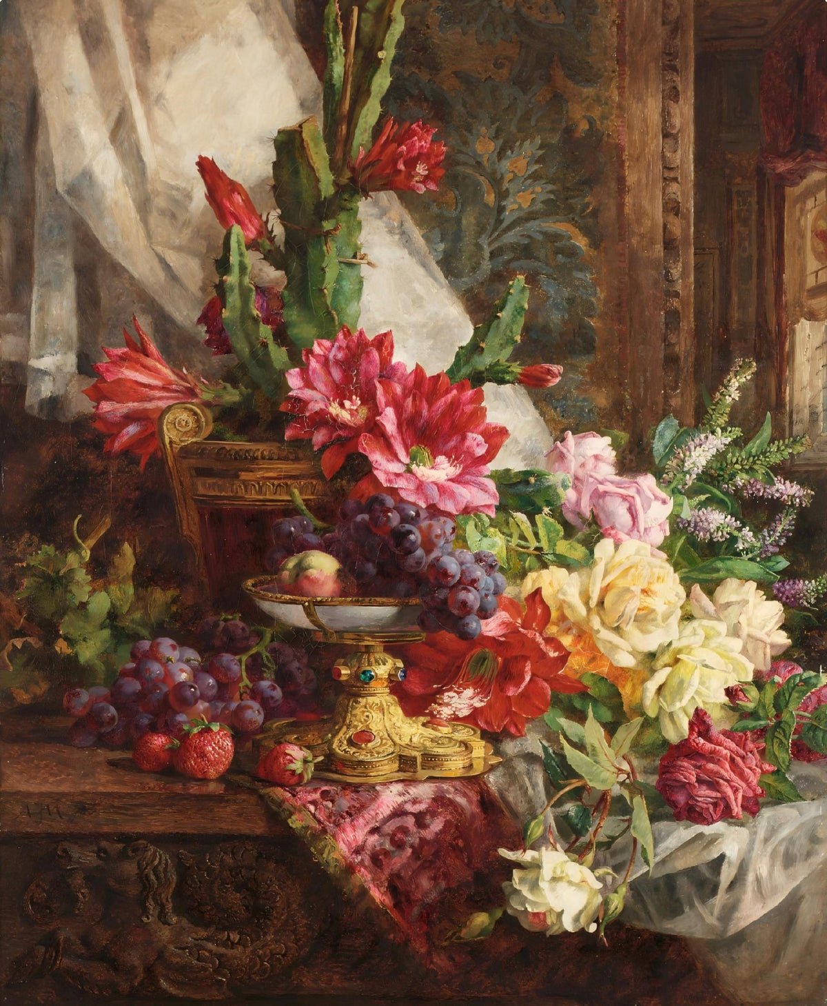 Still Life with Roses, Grapes, and Cactus – Floral Oil Painting - Oil Painting Haven