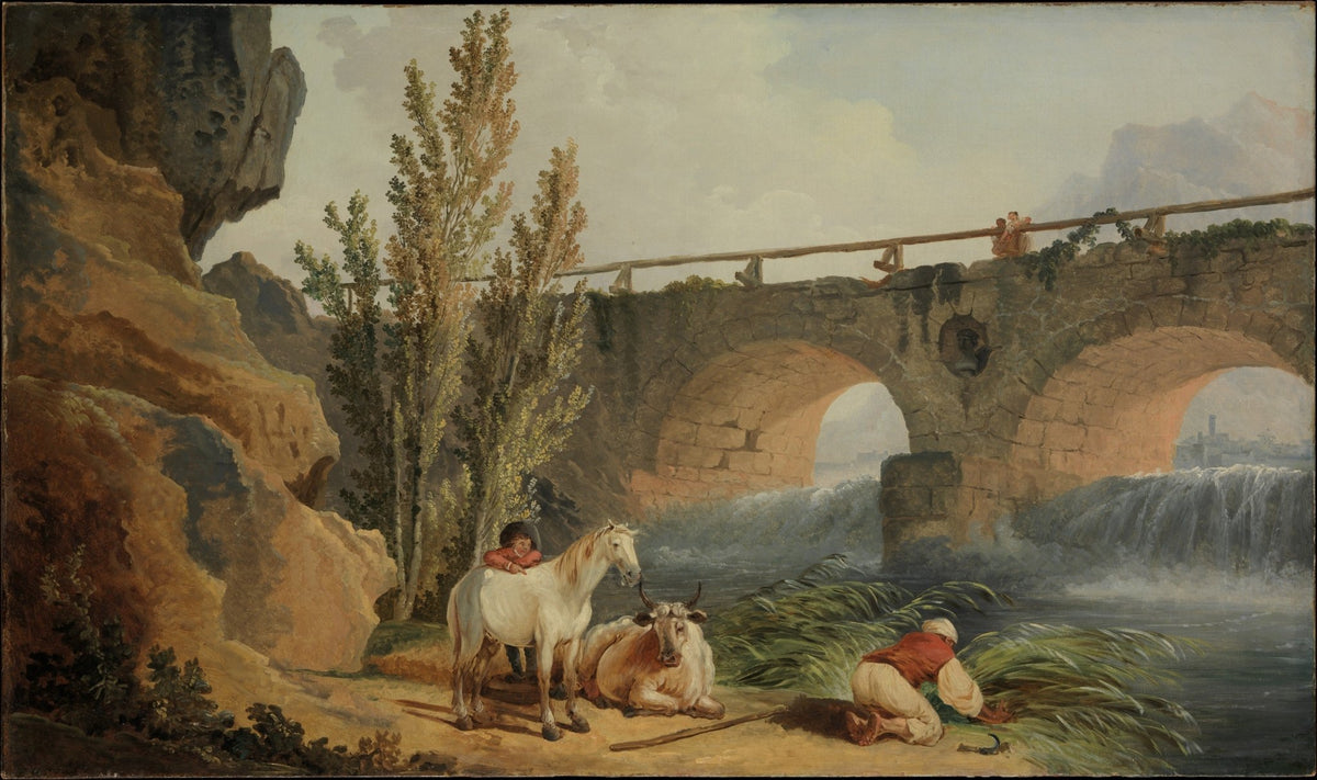 Landscape oil painting with stone bridge over river, shepherd with horse beside textured brushwork foliage and rocks, oil on . - Add Frame, Animal, Architecture, Canvas, Country, Hand Painted, Landscape, Made To Order, Oil Painting, River