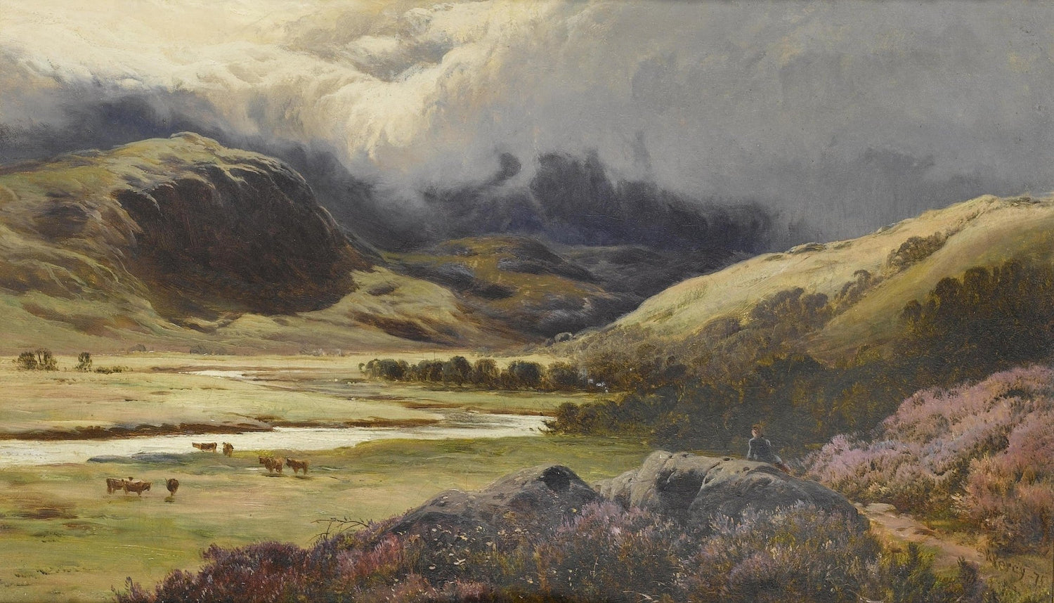 Landscape oil painting with storm clouds over a highland valley featuring grazing cattle, hand painted oil on canvas with. - Add Frame, Animal, Canvas, Country, Farm, Hand Painted, Landscape, Made To Order, Mountain, Oil Painting