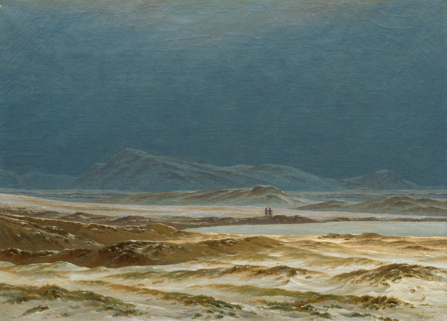 Hand painted landscape oil painting of stormy coastal dunes under a moody blue sky with distant mountains, textured. - Add Frame, Canvas, Coastal, Hand Painted, Landscape, Made To Order, Mountain, Oil Painting, Seascape