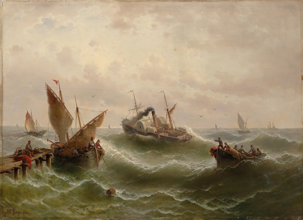 Hand-painted stormy coastal rescue scene nautical oil painting on canvas