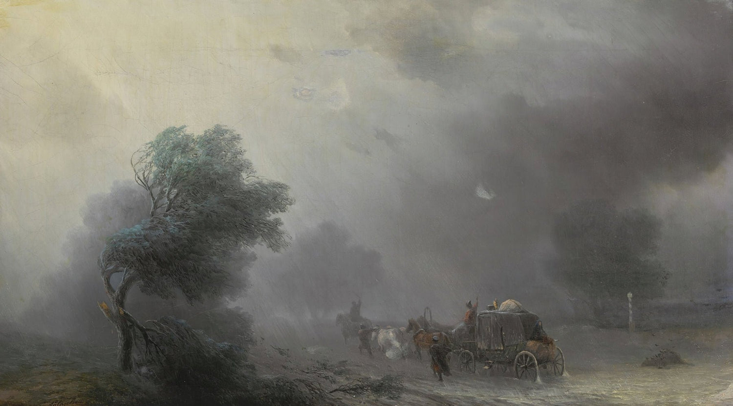 Hand painted oil on canvas landscape oil painting showing stormy countryside road with horse-drawn carriage under dark. - Add Frame, Animal, Canvas, Country, Forest, Hand Painted, Landscape, Made To Order, Oil Painting, Road