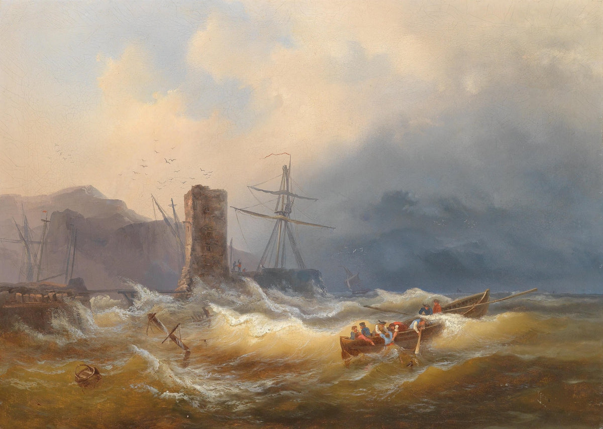 Hand-painted stormy harbor rescue scene nautical oil painting on canvas