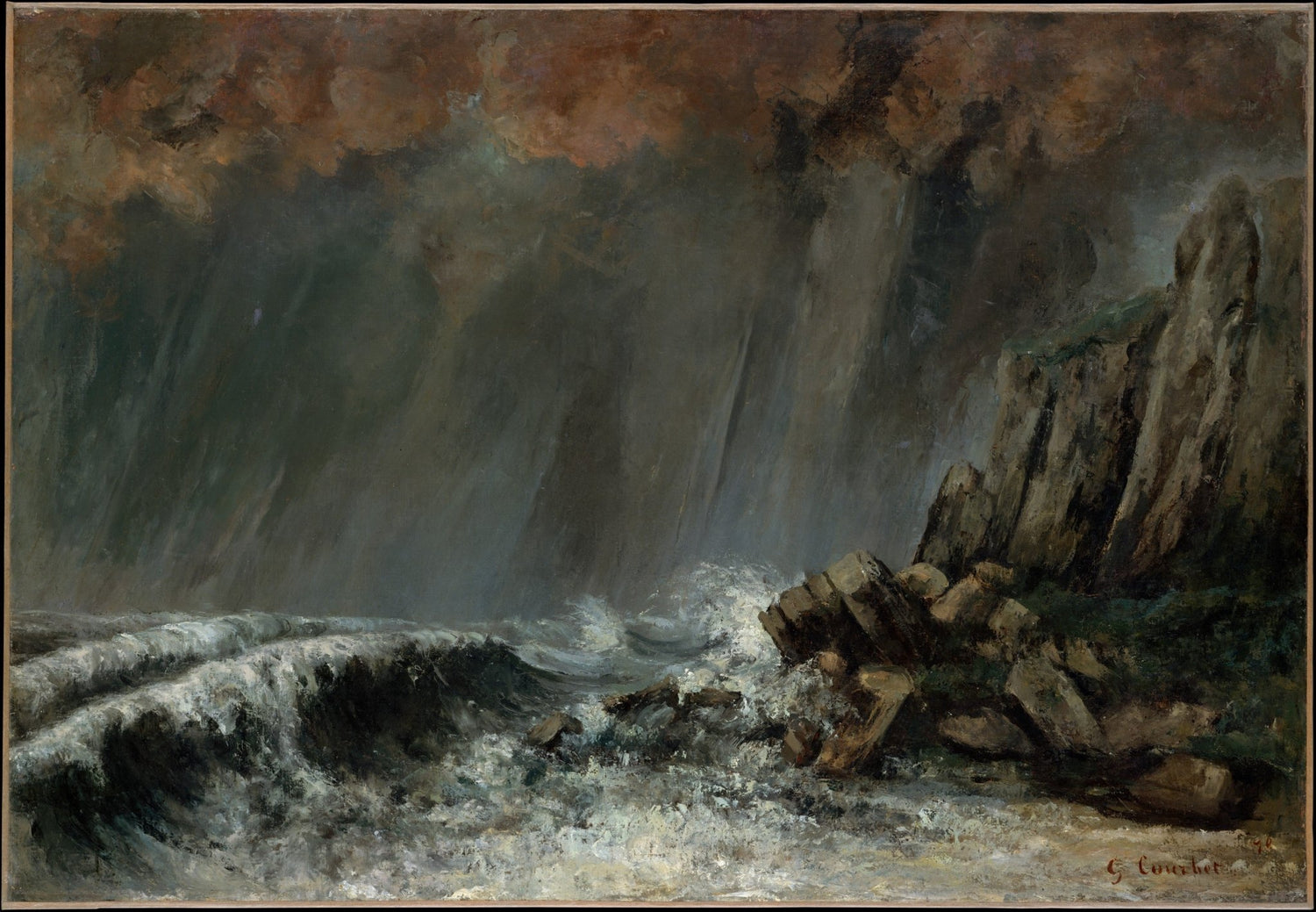 Landscape oil painting of stormy sea cliffs with crashing waves, textured brushwork in dark moody tones, hand painted oil on . - Add Frame, Canvas, Coastal, Hand Painted, Landscape, Made To Order, Oil Painting, Seascape