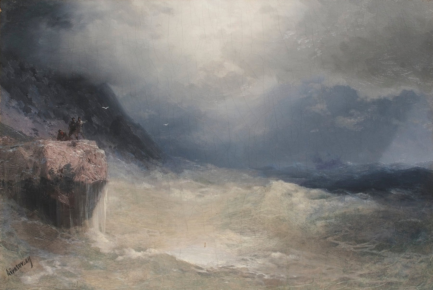 Landscape oil painting of stormy sea cliffs with crashing waves under dark, cloudy sky, textured brushwork on oil on canvas, . - Add Frame, Canvas, Coastal, Hand Painted, Landscape, Made To Order, Oil Painting, Seascape