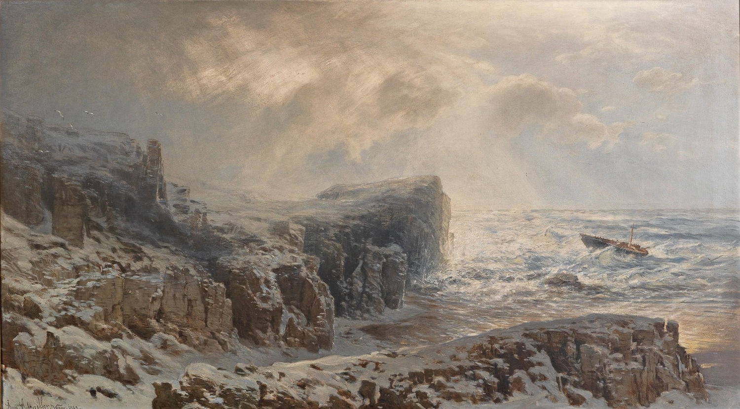 Landscape oil painting of stormy sea cliffs with a small fishing boat on turbulent waves, hand painted oil on canvas with. - Add Frame, Boat, Canvas, Coastal, Hand Painted, Landscape, Made To Order, Oil Painting, Seascape