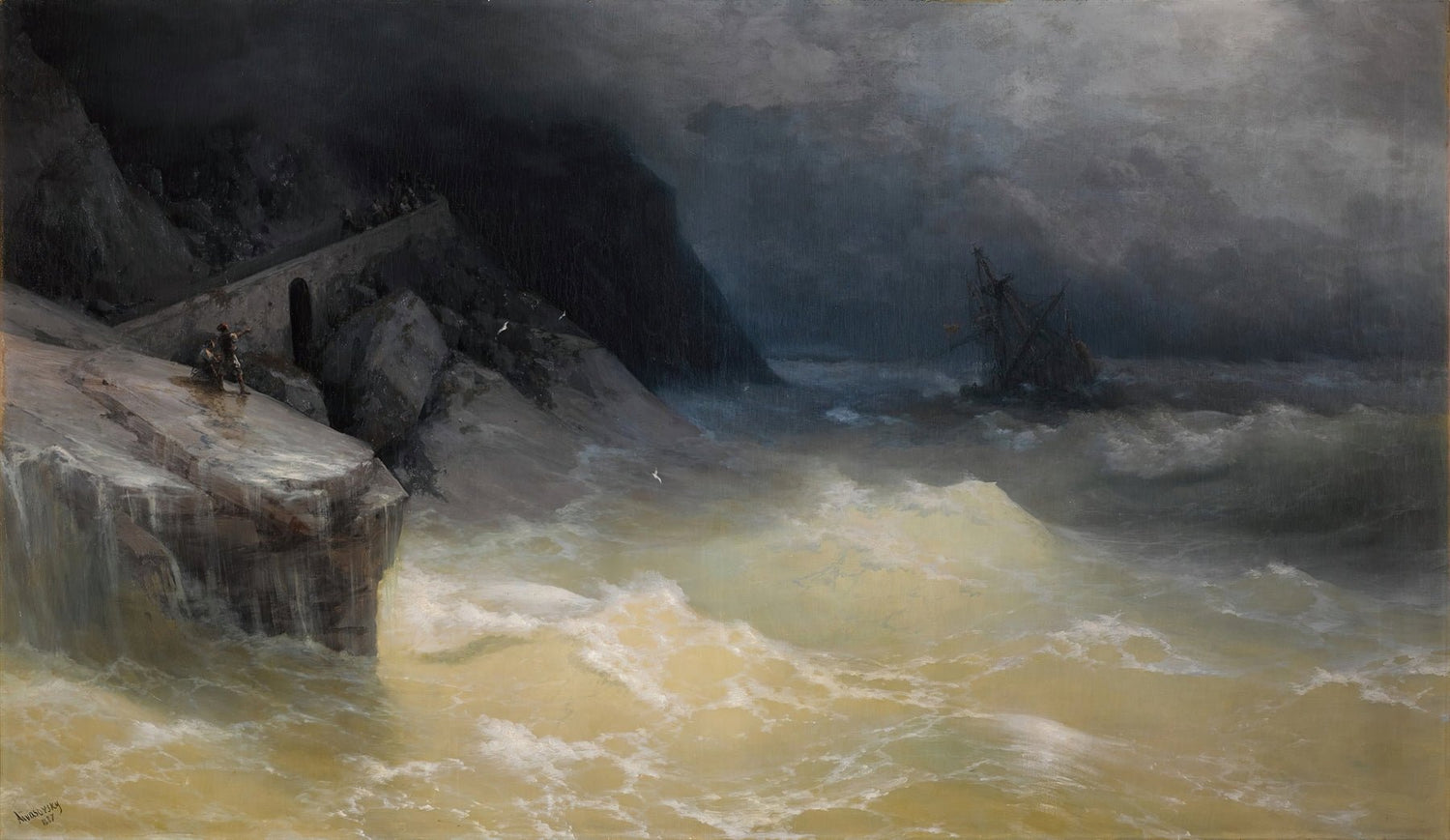 Landscape oil painting of stormy sea coast with a shipwreck in turbulent waters, hand painted oil on canvas with textured. - Add Frame, Canvas, Coastal, Hand Painted, Landscape, Made To Order, Oil Painting, Seascape