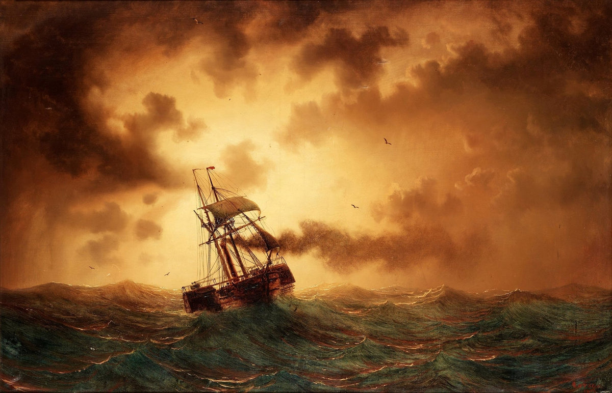 Hand-painted stormy sea ship at sunset nautical oil painting on canvas