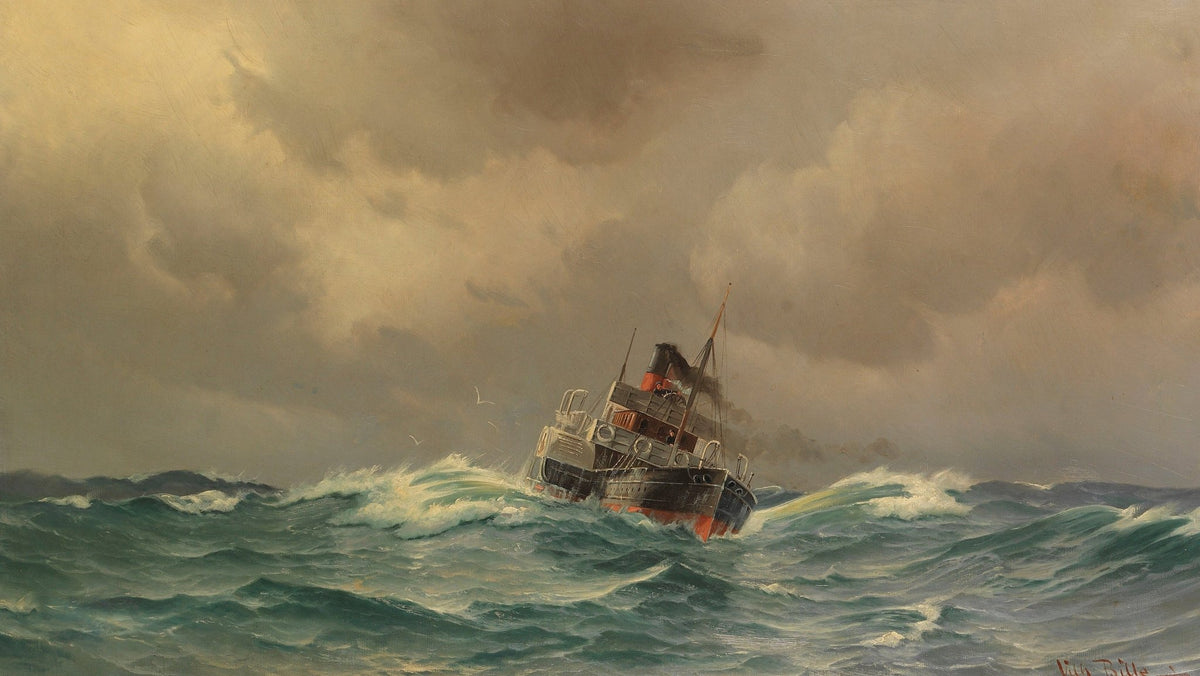 Hand-painted stormy sea tugboat at dusk nautical oil painting on canvas