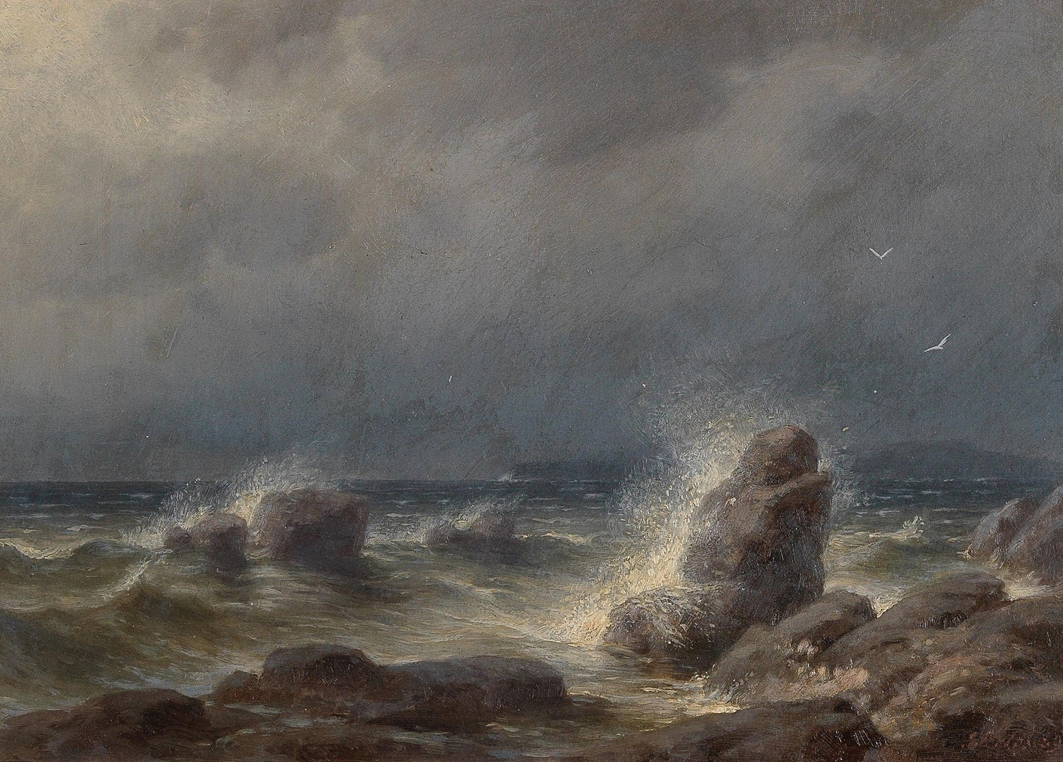 Hand painted landscape oil painting on canvas showing stormy sea with crashing waves and jagged rocks under dark, turbulent. - Add Frame, Canvas, Coastal, Hand Painted, Landscape, Made To Order, Oil Painting, Seascape