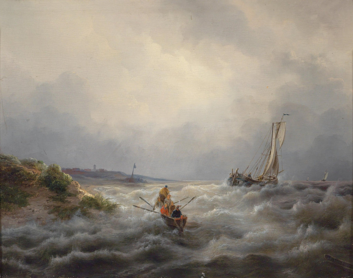 Hand-painted stormy shore rescue at sea nautical oil painting on canvas