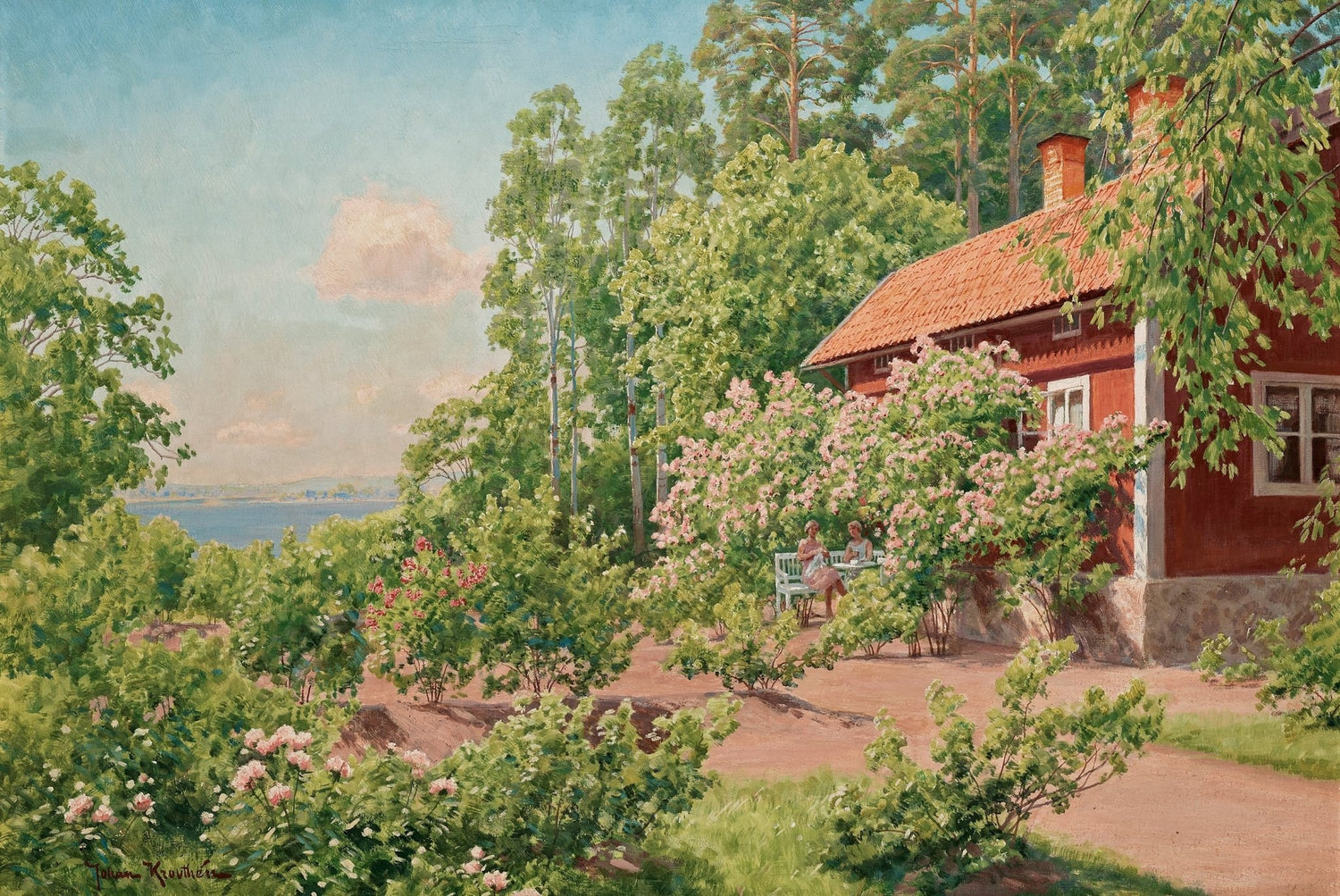 Summer Garden Cottage by the Lake – Hand - Painted Landscape Oil Painting - Oil Painting Haven