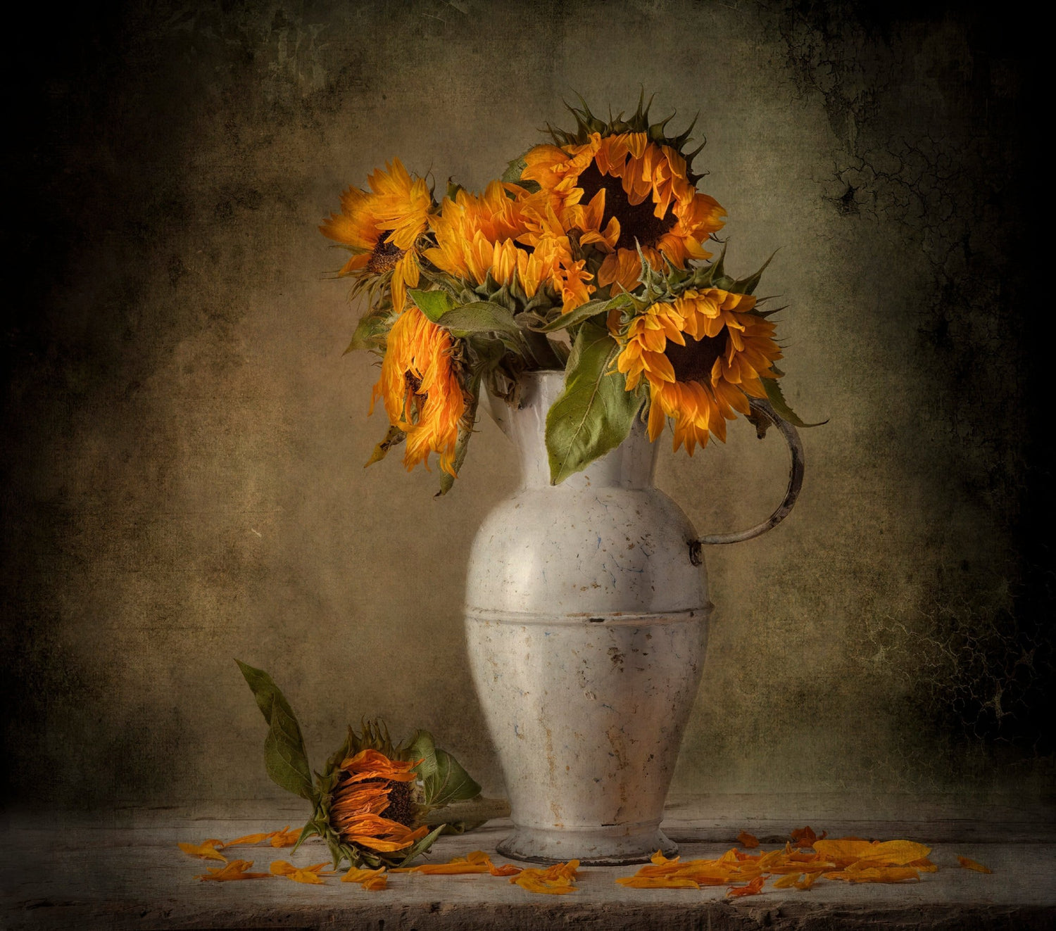 Sunflowers in Vintage White Vase Still Life - Floral Oil Painting - Oil Painting Haven
