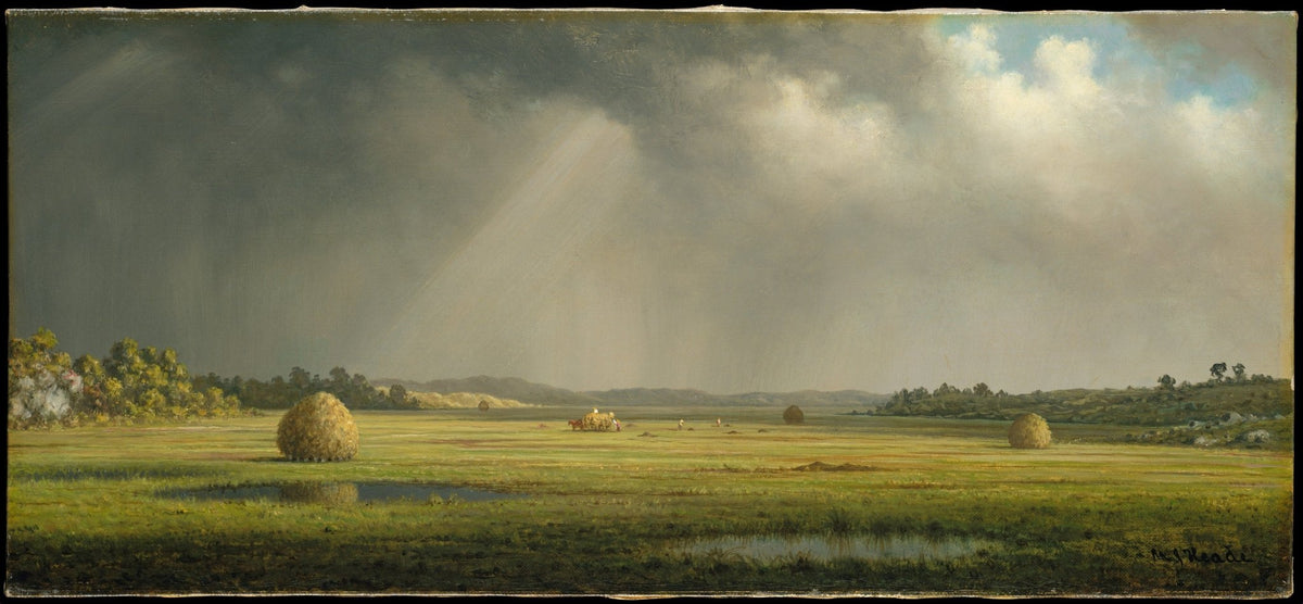 Hand painted landscape oil painting of sunlit Newburyport meadows with haystacks and textured brushwork on canvas. - Add Frame, Canvas, Country, Field, Hand Painted, Landscape, Made To Order, Oil Painting