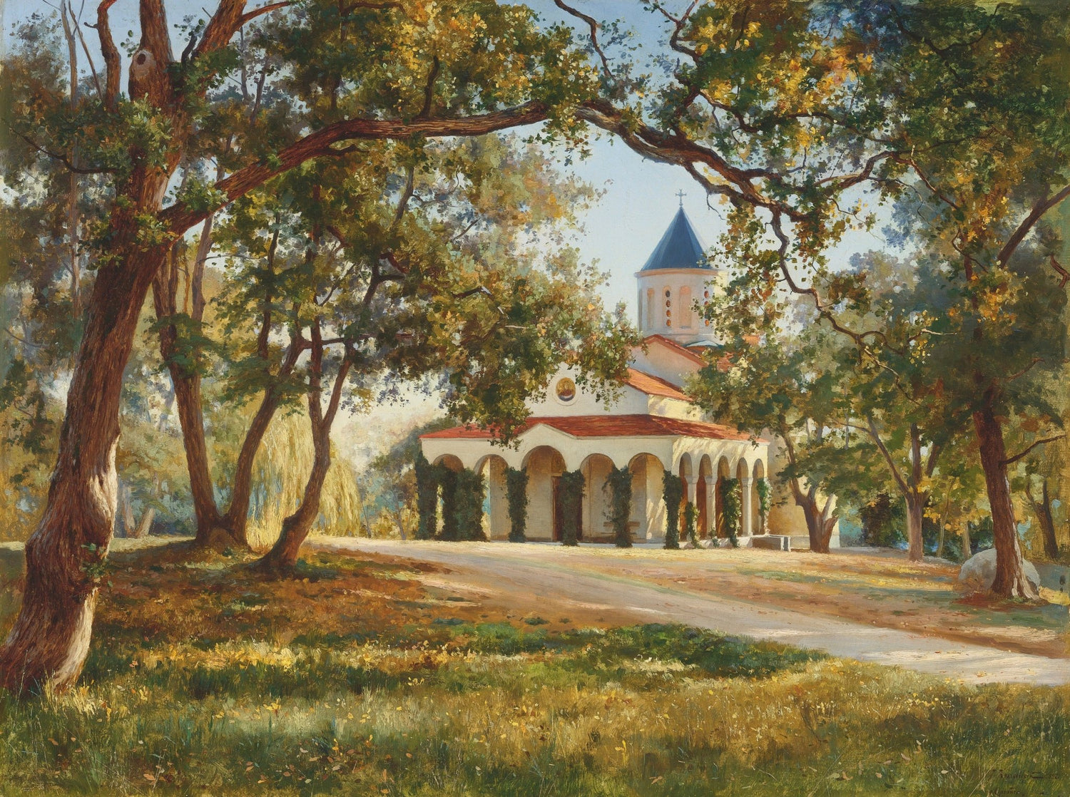 Sunlit Chapel Among Oak Trees, Hand - Painted Landscape Oil Painting - Oil Painting Haven