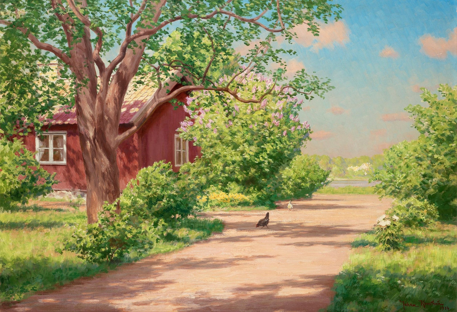 Sunlit Country Lane by Red Cottage – Landscape Oil Painting - Oil Painting Haven