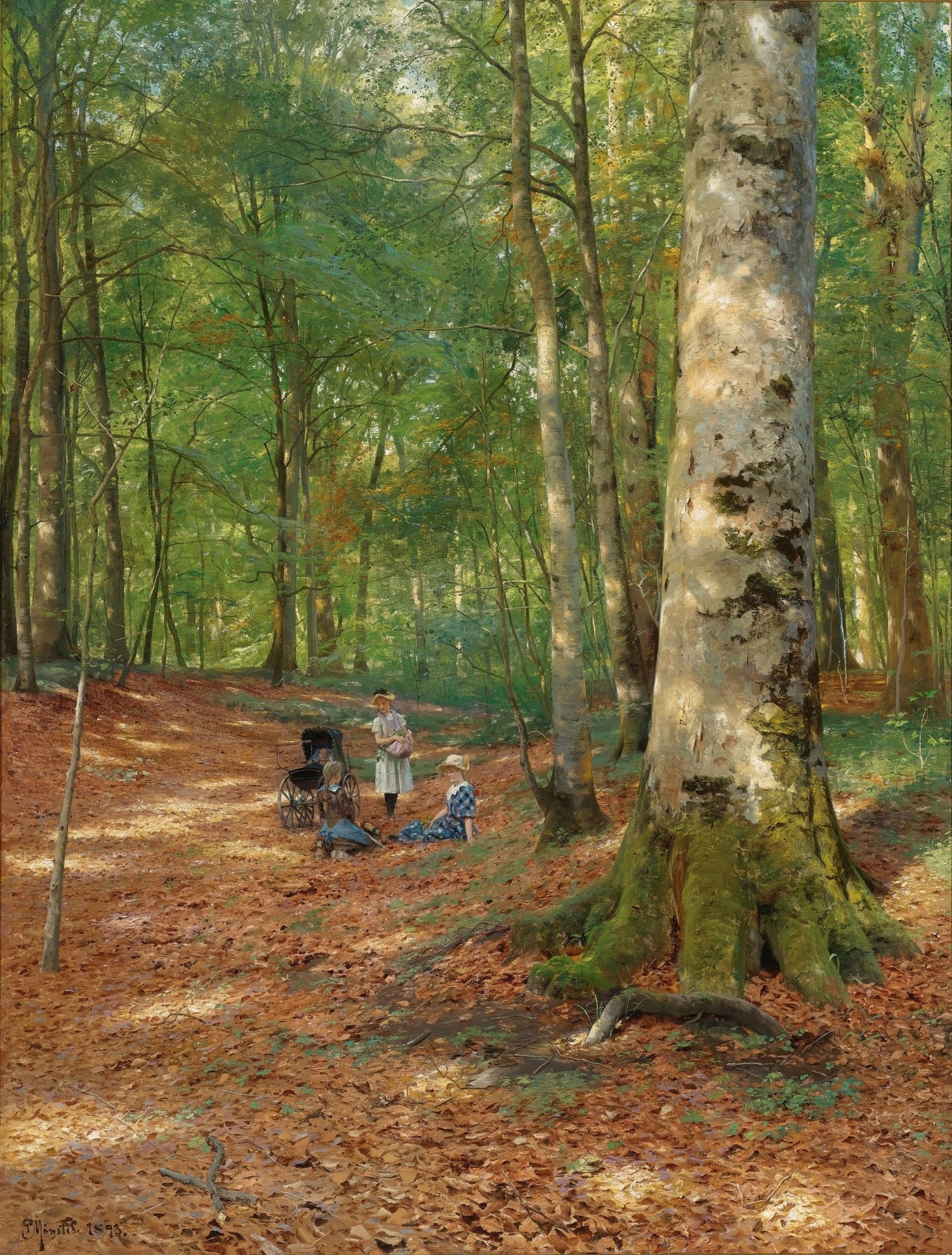 Sunlit Forest Path with Figures – Hand - Painted Landscape Oil Painting - Oil Painting Haven