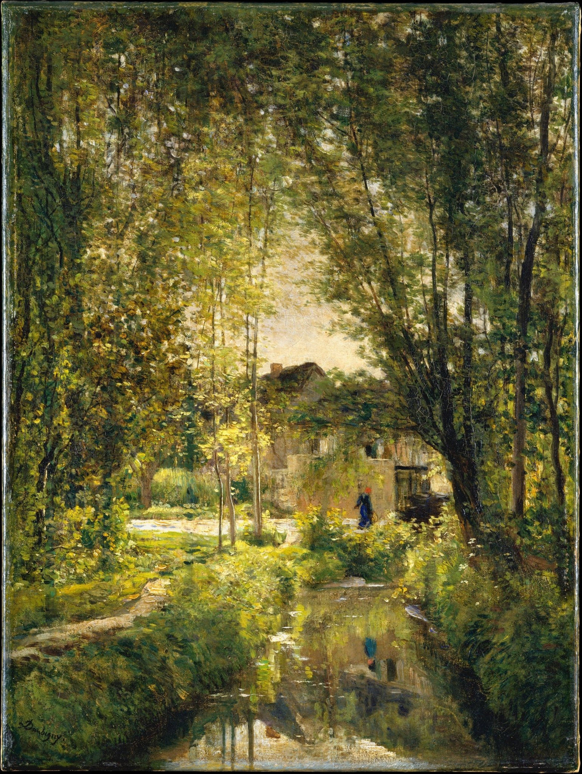 Hand painted landscape oil painting on canvas of sunlit forest stream and rustic cottage with textured brushwork and dappled . - Add Frame, Canvas, Cottage, Country, Forest, Hand Painted, Landscape, Made To Order, Oil Painting, River