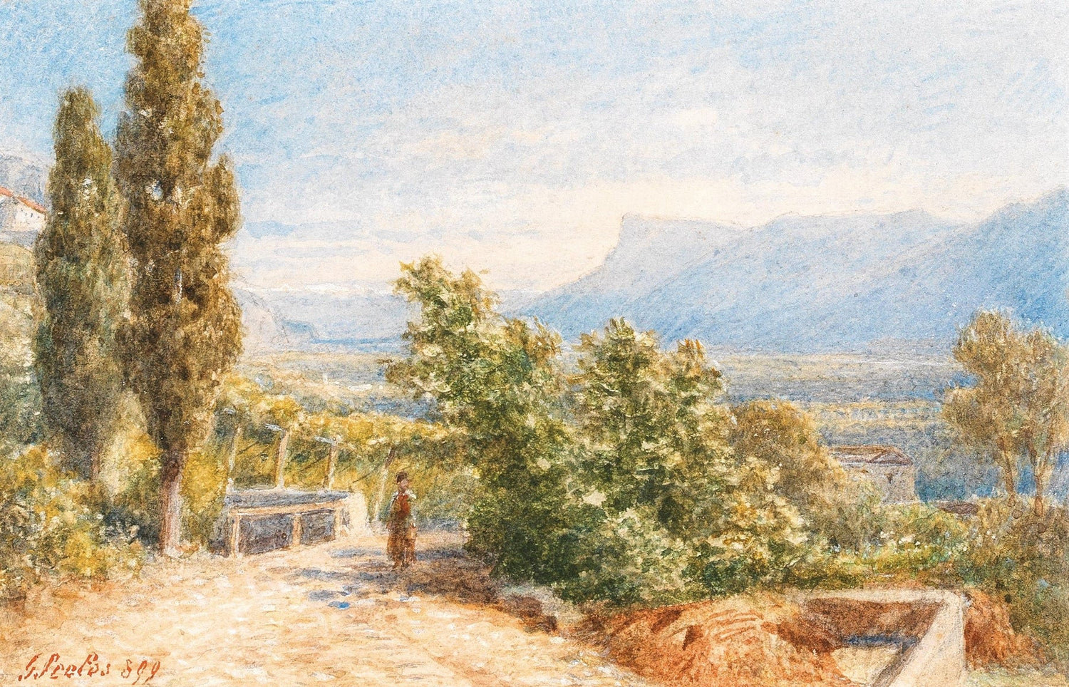 Hand painted landscape oil painting on canvas featuring a sunlit garden path with textured brushwork, distant mountains, and . - Add Frame, Canvas, Country, Forest, Garden, Hand Painted, Landscape, Made To Order, Mountain, Oil Painting, Road