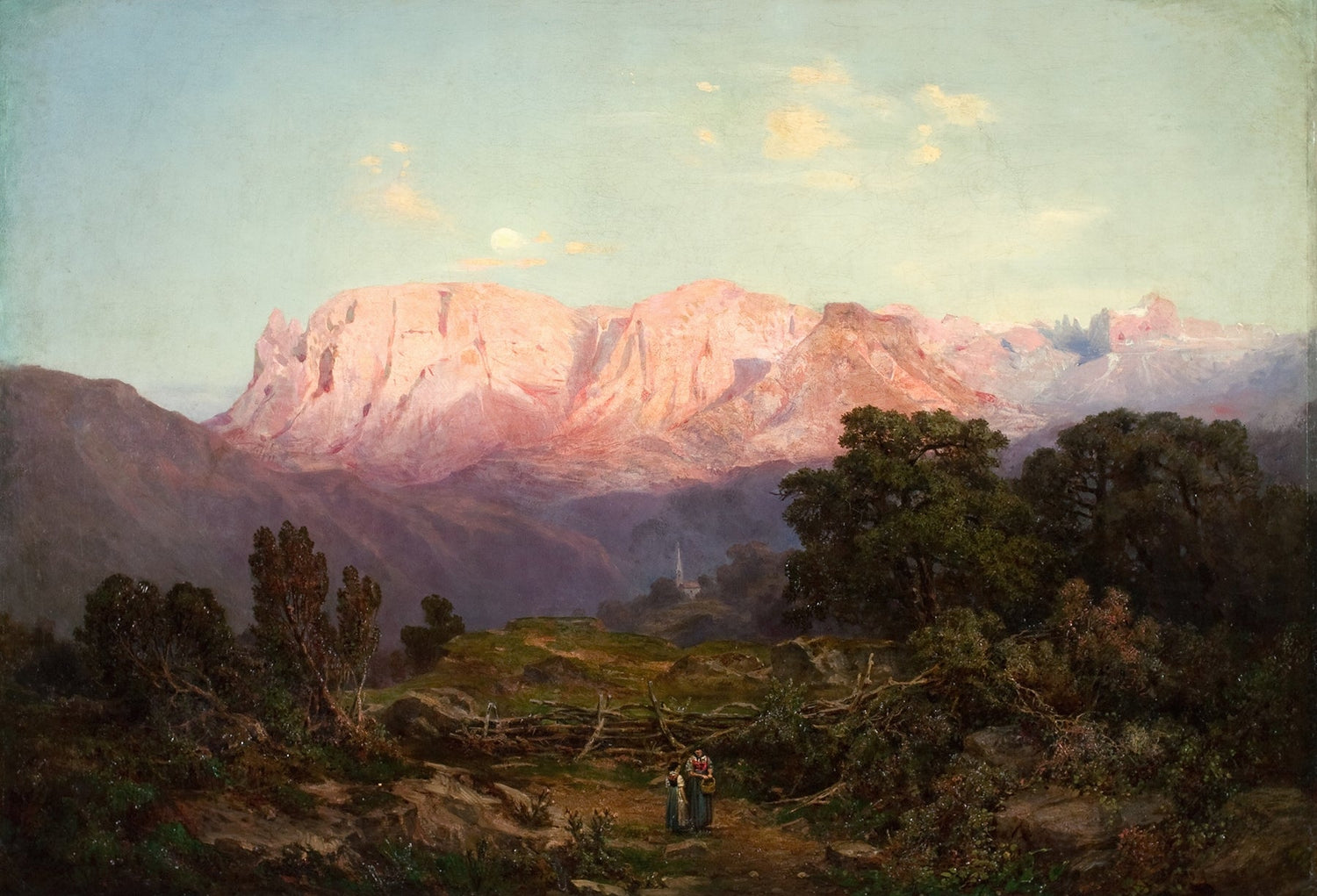 Landscape oil painting with sunlit mountain peaks above a quiet valley, hand painted oil on canvas with textured brushwork. - Add Frame, Alpine, Canvas, Forest, Hand Painted, Landscape, Made To Order, Mountain, Oil Painting, Road
