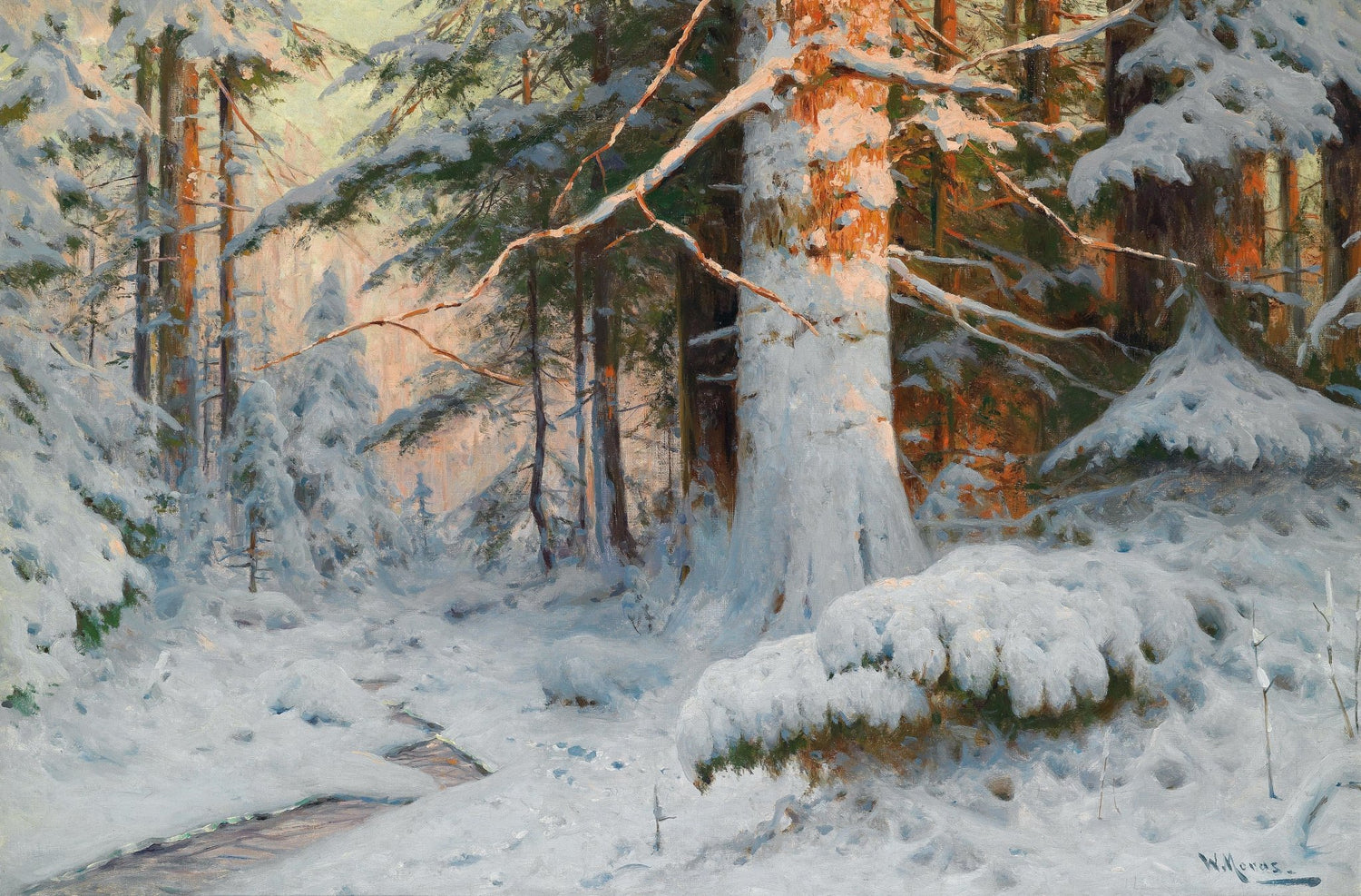 Hand painted oil on canvas landscape oil painting of a sunlit winter forest with snow-covered trees and a narrow winding. - Add Frame, Canvas, Forest, Hand Painted, Landscape, Made To Order, Oil Painting, Road, Winter