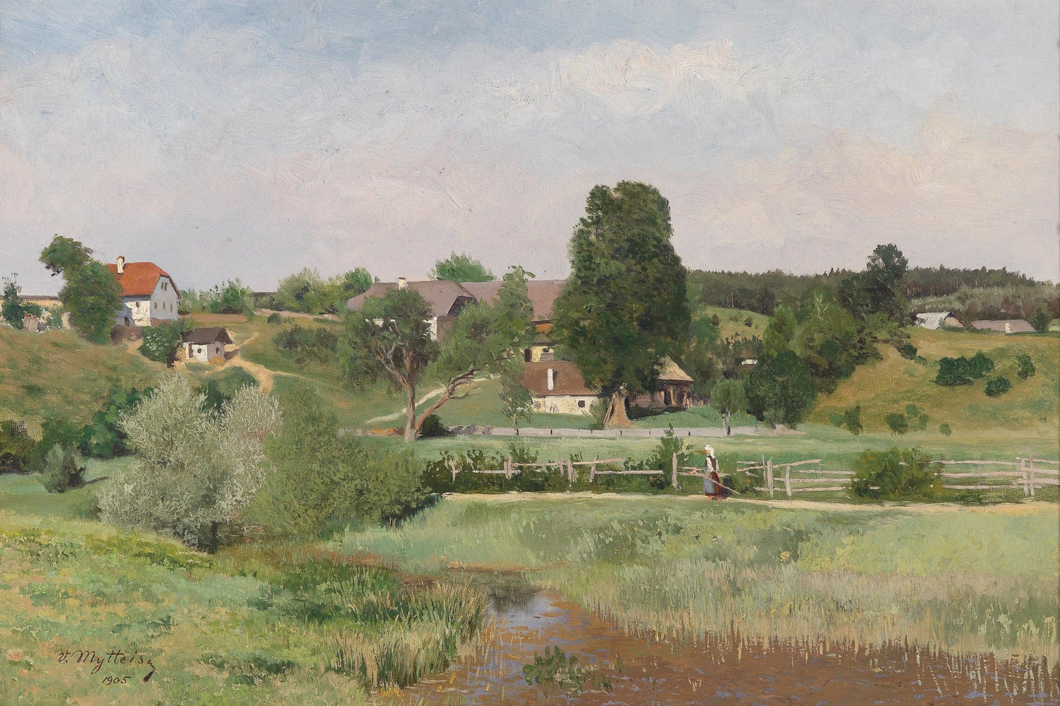 Hand painted landscape oil painting of a sunny countryside village with green fields and textured brushwork on canvas. - Add Frame, Canvas, Country, Field, Hand Painted, Landscape, Made To Order, Oil Painting, Village